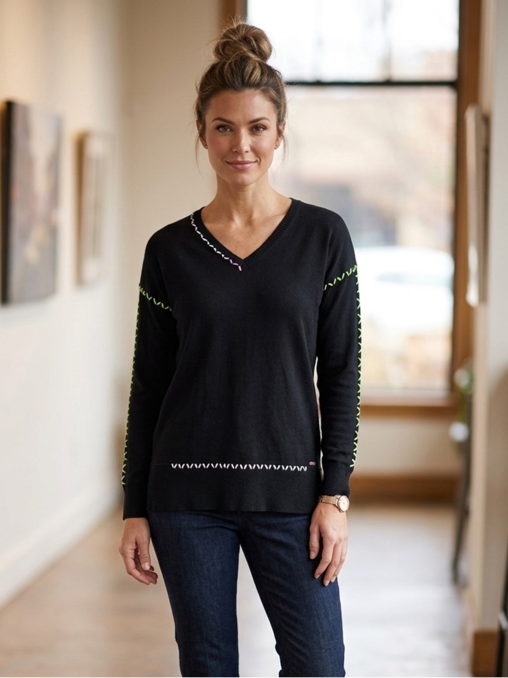 Black V-Neck Sweater with Neon Whip Stitch Trim | 100% Cotton | Sz S